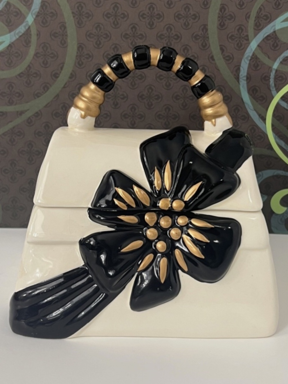David's Cookies White Black & Gold Ribbon Purse Ceramic Cookie Jar Handbag